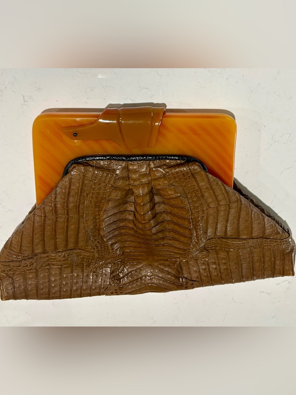 Grace Ann Agostino Crocodile Leather Art Clutch Resin Frame 1990s